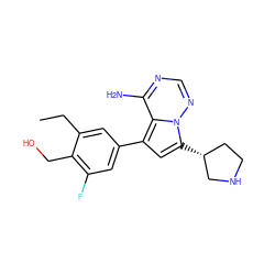 CCc1cc(-c2cc([C@@H]3CCNC3)n3ncnc(N)c23)cc(F)c1CO ZINC000206417382