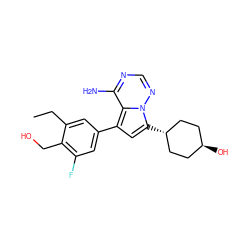 CCc1cc(-c2cc([C@H]3CC[C@H](O)CC3)n3ncnc(N)c23)cc(F)c1CO ZINC000261184460