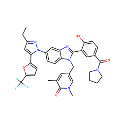 CCc1cc(-c2ccc(C(F)(F)F)o2)n(-c2ccc3c(c2)nc(-c2cc(C(=O)N4CCCC4)ccc2O)n3Cc2cc(C)c(=O)n(C)c2)n1 ZINC000095563015