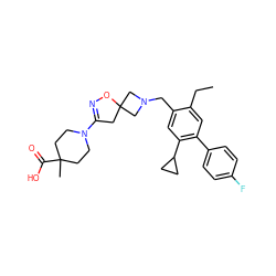 CCc1cc(-c2ccc(F)cc2)c(C2CC2)cc1CN1CC2(CC(N3CCC(C)(C(=O)O)CC3)=NO2)C1 ZINC001772657386