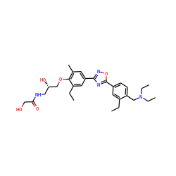 CCc1cc(-c2nc(-c3cc(C)c(OC[C@@H](O)CNC(=O)CO)c(CC)c3)no2)ccc1CN(CC)CC ZINC000653845444
