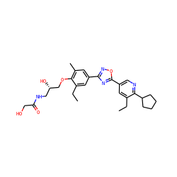 CCc1cc(-c2nc(-c3cc(C)c(OC[C@@H](O)CNC(=O)CO)c(CC)c3)no2)cnc1C1CCCC1 ZINC000103245239