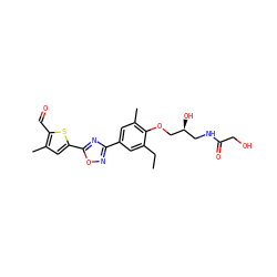 CCc1cc(-c2noc(-c3cc(C)c(C=O)s3)n2)cc(C)c1OC[C@@H](O)CNC(=O)CO ZINC000117930458