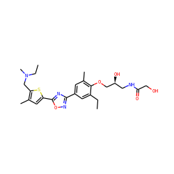 CCc1cc(-c2noc(-c3cc(C)c(CN(C)CC)s3)n2)cc(C)c1OC[C@@H](O)CNC(=O)CO ZINC000114774576