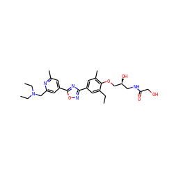 CCc1cc(-c2noc(-c3cc(C)nc(CN(CC)CC)c3)n2)cc(C)c1OC[C@@H](O)CNC(=O)CO ZINC000653856864
