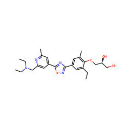 CCc1cc(-c2noc(-c3cc(C)nc(CN(CC)CC)c3)n2)cc(C)c1OC[C@@H](O)CO ZINC000653856830