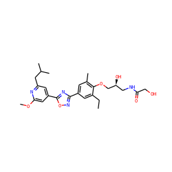 CCc1cc(-c2noc(-c3cc(CC(C)C)nc(OC)c3)n2)cc(C)c1OC[C@@H](O)CNC(=O)CO ZINC000167078670