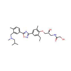 CCc1cc(-c2noc(-c3ccc(C)c(CN(C)CC(C)C)c3)n2)cc(C)c1OC[C@@H](O)CNC(=O)CO ZINC000653844304