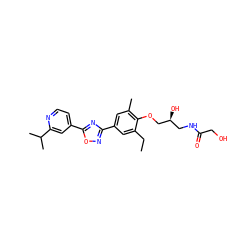CCc1cc(-c2noc(-c3ccnc(C(C)C)c3)n2)cc(C)c1OC[C@@H](O)CNC(=O)CO ZINC000103244038