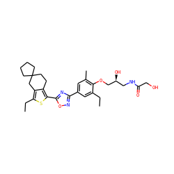 CCc1cc(-c2noc(-c3sc(CC)c4c3CCC3(CCCC3)C4)n2)cc(C)c1OC[C@@H](O)CNC(=O)CO ZINC000103258593