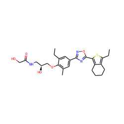 CCc1cc(-c2noc(-c3sc(CC)c4c3CCCC4)n2)cc(C)c1OC[C@@H](O)CNC(=O)CO ZINC000103258585