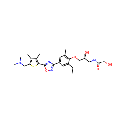 CCc1cc(-c2noc(-c3sc(CN(C)C)c(C)c3C)n2)cc(C)c1OC[C@@H](O)CNC(=O)CO ZINC000653843518