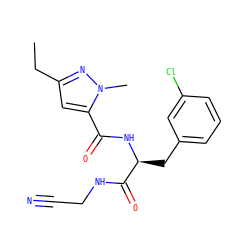 CCc1cc(C(=O)N[C@@H](Cc2cccc(Cl)c2)C(=O)NCC#N)n(C)n1 ZINC000043123131