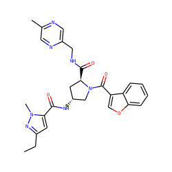 CCc1cc(C(=O)N[C@@H]2C[C@@H](C(=O)NCc3cnc(C)cn3)N(C(=O)c3coc4ccccc34)C2)n(C)n1 ZINC000103238610