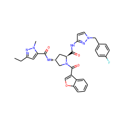 CCc1cc(C(=O)N[C@@H]2C[C@@H](C(=O)Nc3ccn(Cc4ccc(F)cc4)n3)N(C(=O)c3coc4ccccc34)C2)n(C)n1 ZINC000103239455