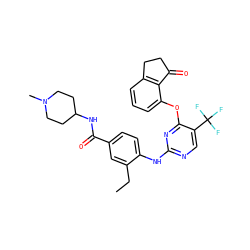 CCc1cc(C(=O)NC2CCN(C)CC2)ccc1Nc1ncc(C(F)(F)F)c(Oc2cccc3c2C(=O)CC3)n1 ZINC000145975293