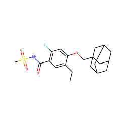 CCc1cc(C(=O)NS(C)(=O)=O)c(F)cc1OCC12CC3CC(CC(C3)C1)C2 ZINC000225245963