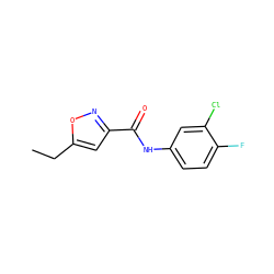 CCc1cc(C(=O)Nc2ccc(F)c(Cl)c2)no1 ZINC000020191969