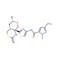 CCc1cc(C(=O)Nc2csc([C@]34CO[C@@H](C)C[C@H]3CSC(=N)N4)n2)n(C)n1 ZINC001772569695