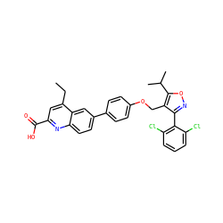 CCc1cc(C(=O)O)nc2ccc(-c3ccc(OCc4c(-c5c(Cl)cccc5Cl)noc4C(C)C)cc3)cc12 ZINC000066080131