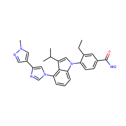 CCc1cc(C(N)=O)ccc1-n1cc(C(C)C)c2c(-n3cnc(-c4cnn(C)c4)c3)cccc21 ZINC000200936663