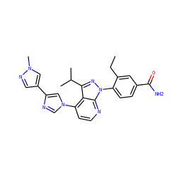 CCc1cc(C(N)=O)ccc1-n1nc(C(C)C)c2c(-n3cnc(-c4cnn(C)c4)c3)ccnc21 ZINC000169703510