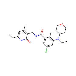 CCc1cc(C)c(CNC(=O)c2cc(Cl)cc(N(CC)C3CCOCC3)c2C)c(=O)[nH]1 ZINC000207624135