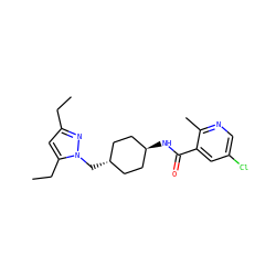 CCc1cc(CC)n(C[C@H]2CC[C@H](NC(=O)c3cc(Cl)cnc3C)CC2)n1 ZINC000261188310