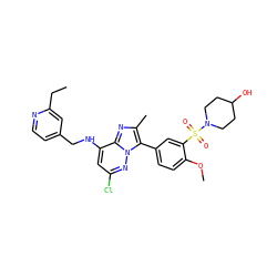 CCc1cc(CNc2cc(Cl)nn3c(-c4ccc(OC)c(S(=O)(=O)N5CCC(O)CC5)c4)c(C)nc23)ccn1 ZINC001772611163