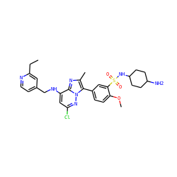 CCc1cc(CNc2cc(Cl)nn3c(-c4ccc(OC)c(S(=O)(=O)NC5CCC(N)CC5)c4)c(C)nc23)ccn1 ZINC001772643729