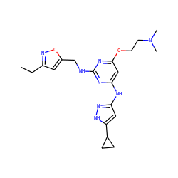 CCc1cc(CNc2nc(Nc3cc(C4CC4)[nH]n3)cc(OCCN(C)C)n2)on1 ZINC000166239565