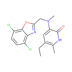 CCc1cc(N(C)Cc2nc3c(Cl)ccc(Cl)c3o2)c(=O)[nH]c1C ZINC000005887135