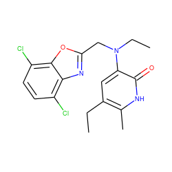 CCc1cc(N(CC)Cc2nc3c(Cl)ccc(Cl)c3o2)c(=O)[nH]c1C ZINC000005887141