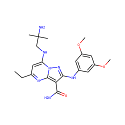 CCc1cc(NCC(C)(C)N)n2nc(Nc3cc(OC)cc(OC)c3)c(C(N)=O)c2n1 ZINC000040895837