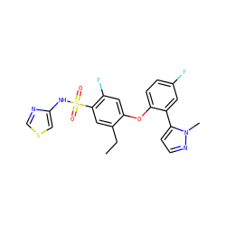 CCc1cc(S(=O)(=O)Nc2cscn2)c(F)cc1Oc1ccc(F)cc1-c1ccnn1C ZINC000095584601