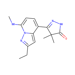 CCc1cc2c(C3=NNC(=O)C3(C)C)ccc(NC)n2n1 ZINC000084722515