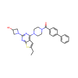 CCc1cc2c(N3CCN(C(=O)c4ccc(-c5ccccc5)cc4)CC3)nc(N3CC(O)C3)nc2s1 ZINC000045258551