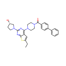 CCc1cc2c(N3CCN(C(=O)c4ccc(-c5ccccc5)cc4)CC3)nc(N3CC[C@H](O)C3)nc2s1 ZINC000045325049