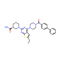 CCc1cc2c(N3CCN(C(=O)c4ccc(-c5ccccc5)cc4)CC3)nc(N3CCC[C@H](C(N)=O)C3)nc2s1 ZINC000049678459