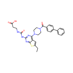 CCc1cc2c(N3CCN(C(=O)c4ccc(-c5ccccc5)cc4)CC3)nc(NC(=O)NCCC(=O)O)nc2s1 ZINC000043132386