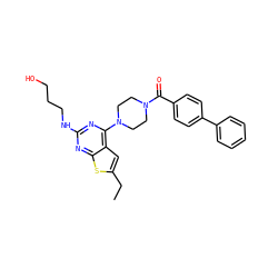 CCc1cc2c(N3CCN(C(=O)c4ccc(-c5ccccc5)cc4)CC3)nc(NCCCO)nc2s1 ZINC000045316312
