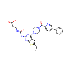 CCc1cc2c(N3CCN(C(=O)c4ccc(-c5ccccc5)cn4)CC3)nc(NC(=O)NCCC(=O)O)nc2s1 ZINC000049678581