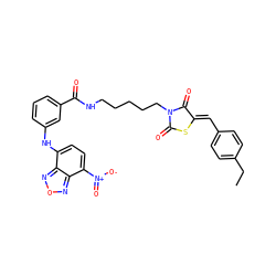 CCc1ccc(/C=C2\SC(=O)N(CCCCCNC(=O)c3cccc(Nc4ccc([N+](=O)[O-])c5nonc45)c3)C2=O)cc1 ZINC001772587606