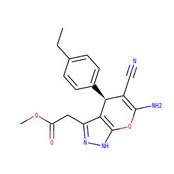 CCc1ccc([C@H]2C(C#N)=C(N)Oc3[nH]nc(CC(=O)OC)c32)cc1 ZINC000008680781