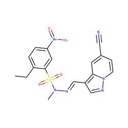 CCc1ccc([N+](=O)[O-])cc1S(=O)(=O)N(C)/N=C/c1cnn2ccc(C#N)cc12 ZINC000082150259