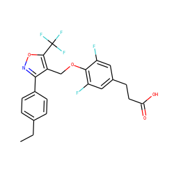 CCc1ccc(-c2noc(C(F)(F)F)c2COc2c(F)cc(CCC(=O)O)cc2F)cc1 ZINC001772579374