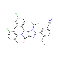 CCc1ccc(C#N)cc1-c1nc2c(n1C(C)C)[C@@H](c1ccc(Cl)cc1C)N(c1cc(Cl)ccc1C)C2=O ZINC000169705455