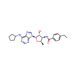CCc1ccc(C(=O)N[C@H]2[C@@H](C)O[C@@H](n3cnc4c(NC5CCCC5)ncnc43)[C@@H]2O)cc1 ZINC000013473181