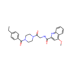CCc1ccc(C(=O)N2CCN(C(=O)CNC(=O)c3cc(OC)c4ccccc4n3)CC2)cc1 ZINC000144886916