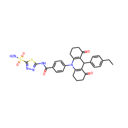 CCc1ccc(C2C3=C(CCCC3=O)N(c3ccc(C(=O)Nc4nnc(S(N)(=O)=O)s4)cc3)C3=C2C(=O)CCC3)cc1 ZINC000653873502